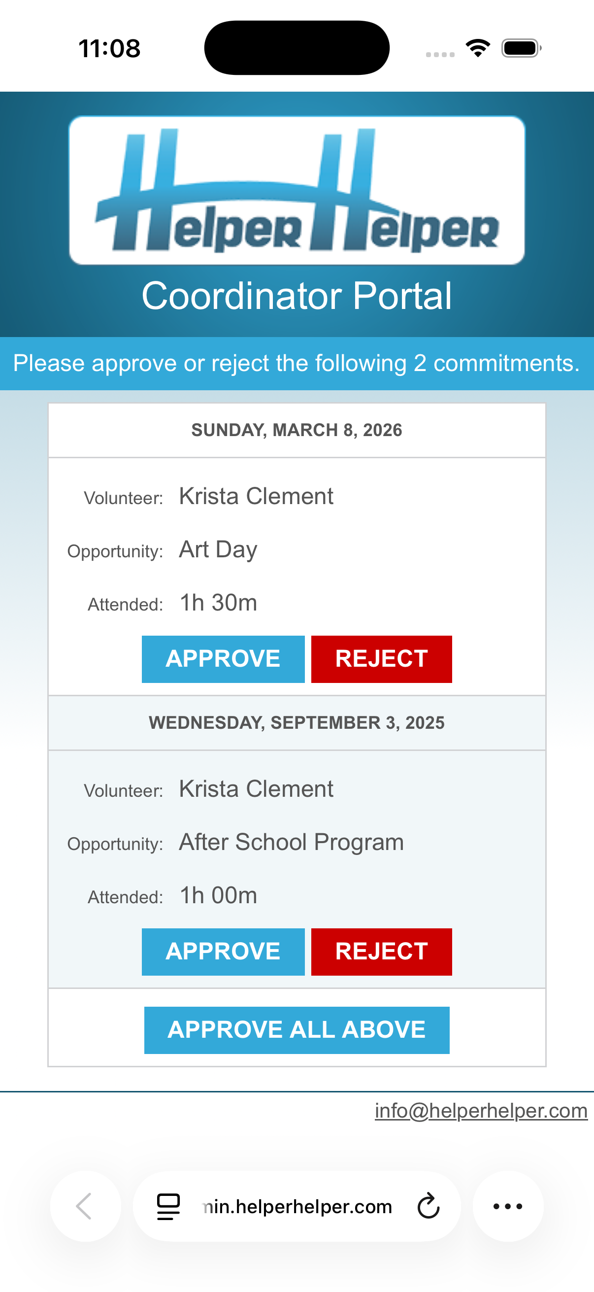 Coordinator approval portal showing approve and reject buttons for volunteer commitments